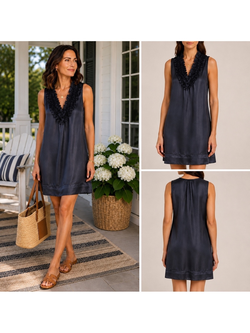 Navy Ruffle Shift Dress M Romantic Minimalist 90s Quiet Luxury